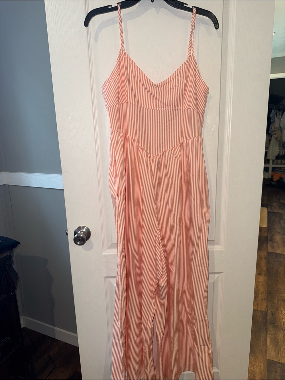 eesome Coral and White Striped Spaghetti Strap Jumpsuit
